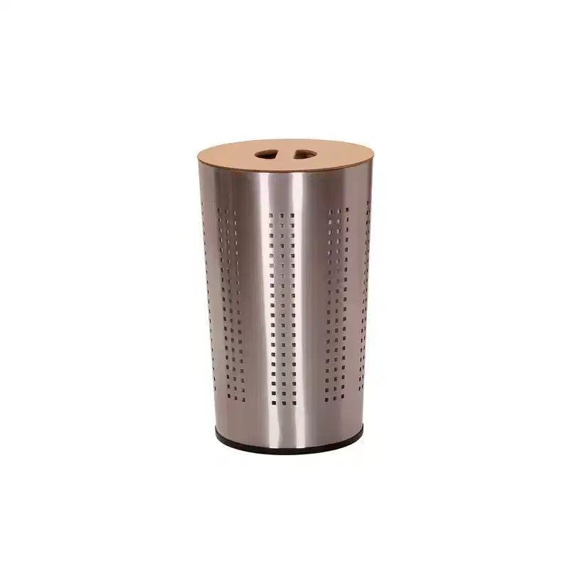 Household Essentials Round Brushed Stainless Hamper Wood Lid: Clothes Hamper with Lid, Removable Liner, Built-In Handles