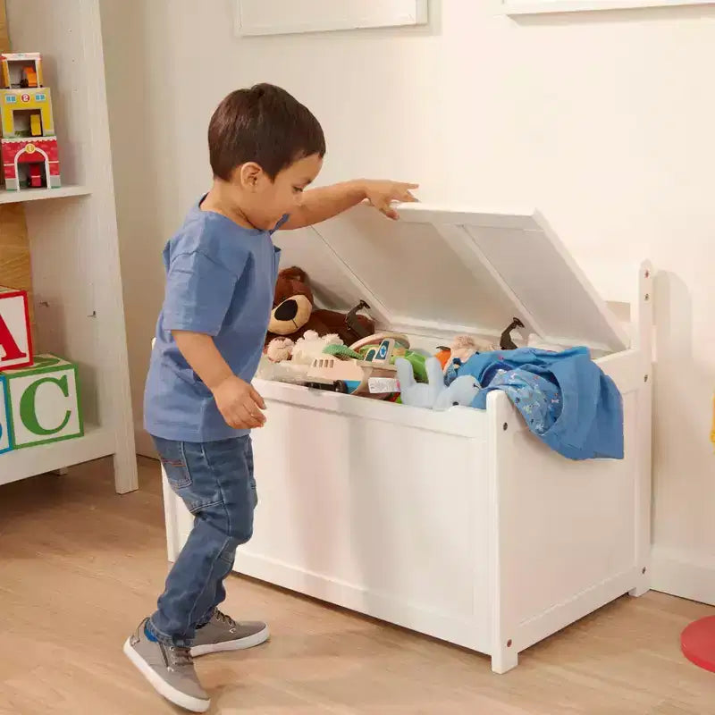 Baúl de Almacenamiento de Juguetes de Madera Blanca con Tapa con Bisagras de Seguridad – Para 1 Niño