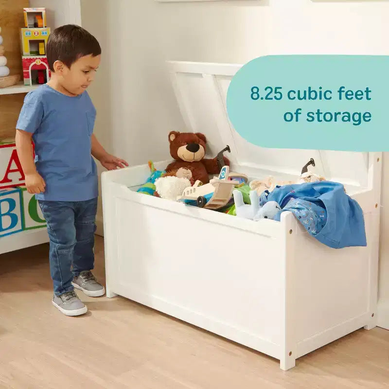 Baúl de Almacenamiento de Juguetes de Madera Blanca con Tapa con Bisagras de Seguridad – Para 1 Niño