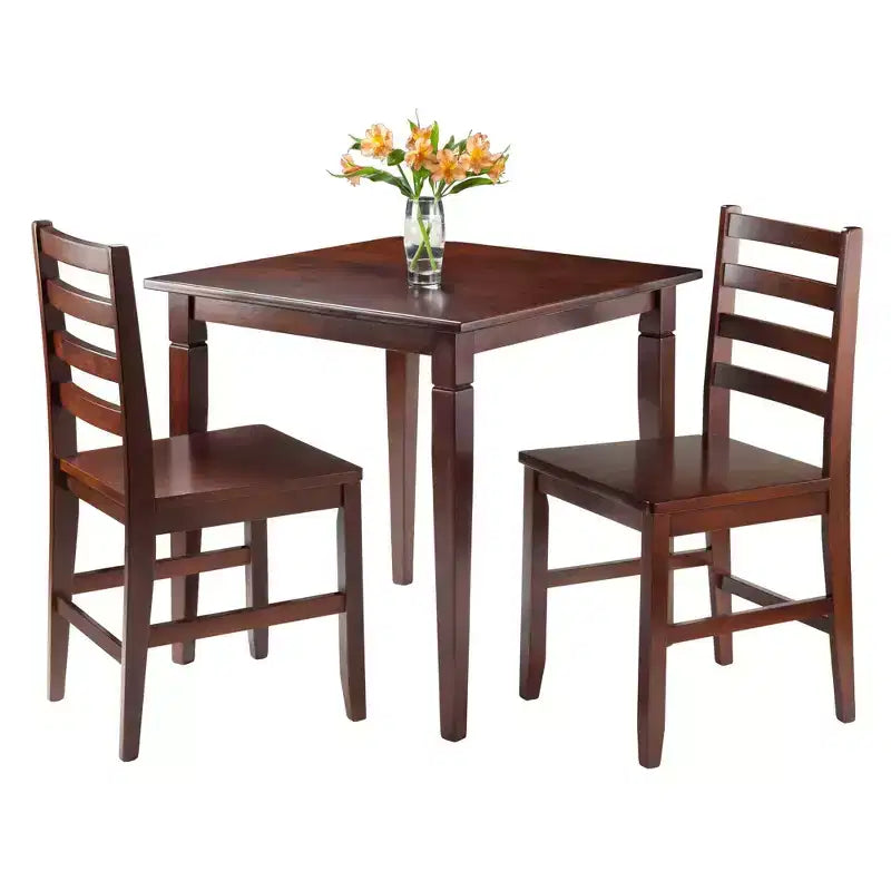 Juego de comedor cuadrado de 3 piezas marrón para 4 personas, sillas con respaldo de escalera