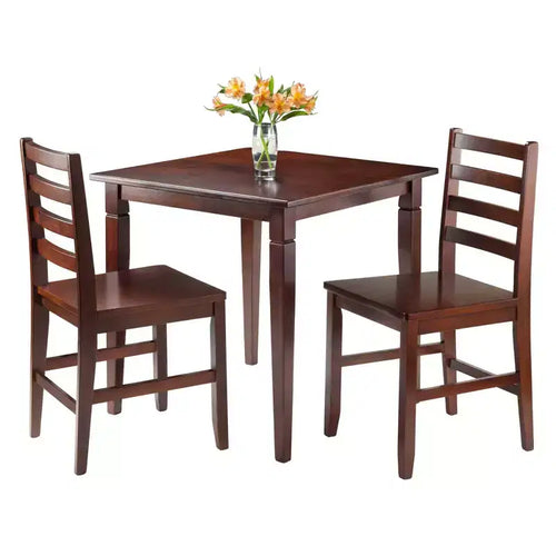 Juego de comedor cuadrado de 3 piezas marrón para 4 personas, sillas con respaldo de escalera