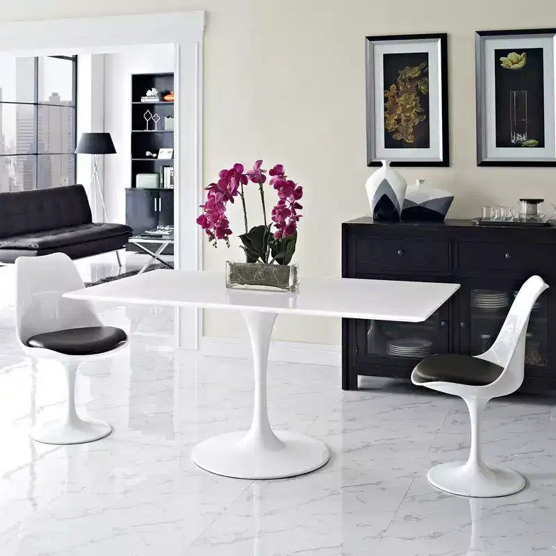 Mesa de comedor rectangular blanca con pedestal, 6 asientos