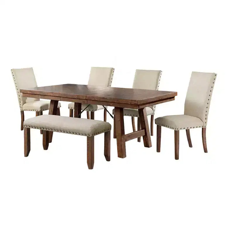 Juego de comedor extensible Smokey Walnut de 6 piezas con sillas tapizadas y banco, para 6 personas