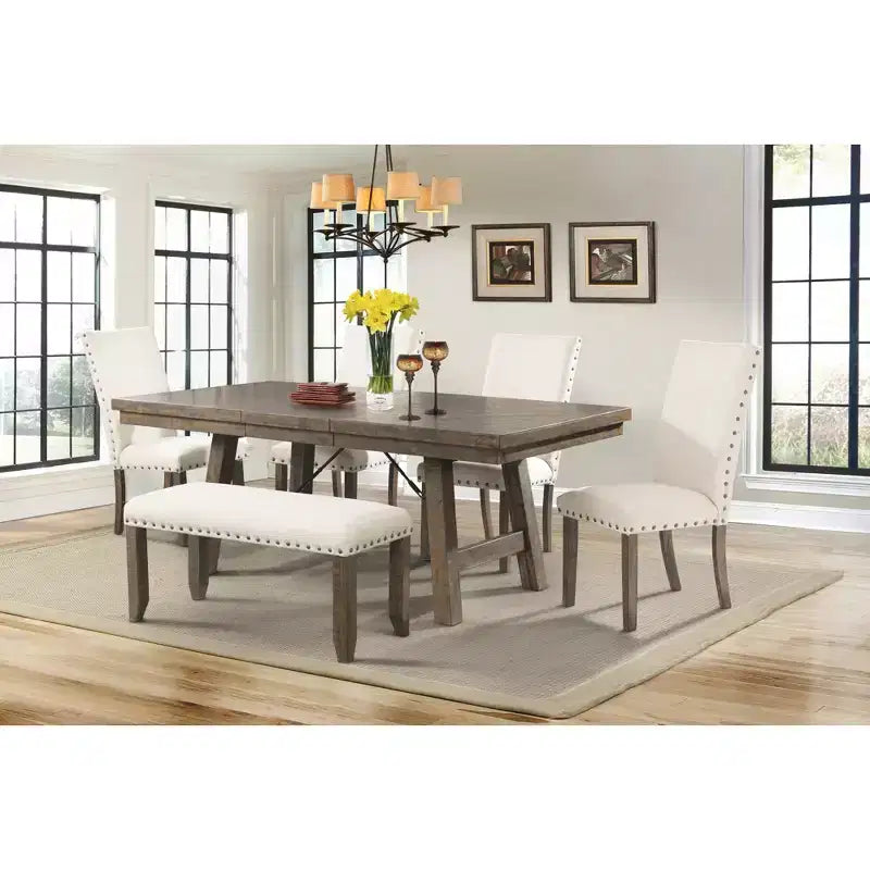 Juego de comedor extensible Smokey Walnut de 6 piezas con sillas tapizadas y banco, para 6 personas