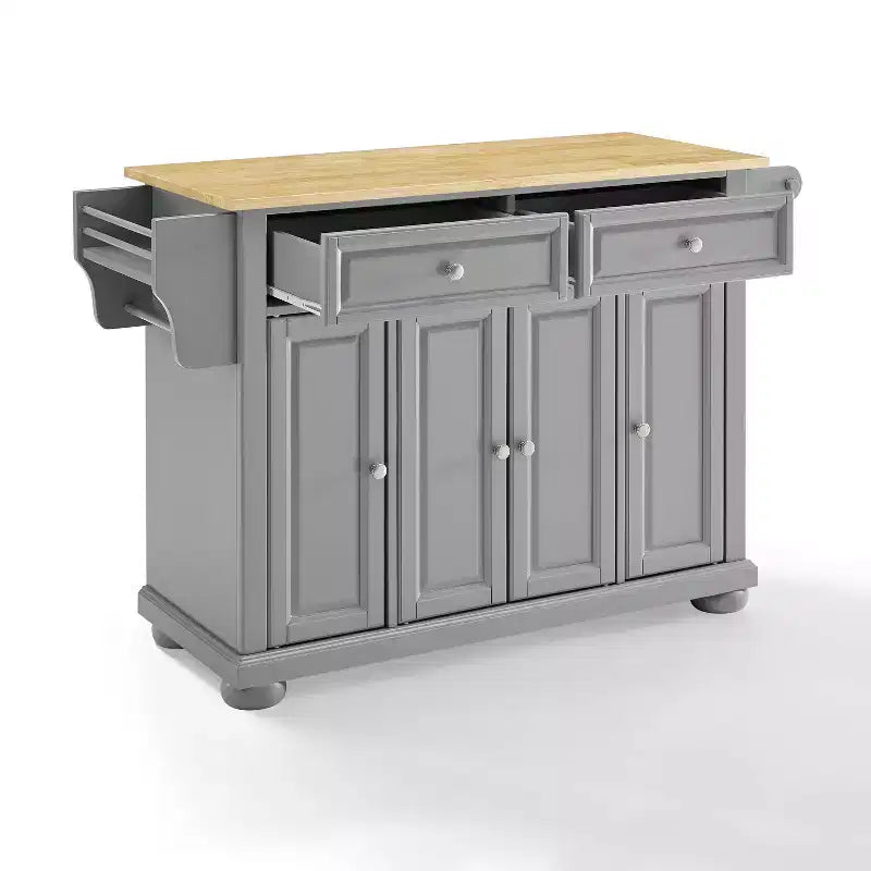 Isla de cocina con ruedas de 4 puertas Gris y Natural con encimera de madera