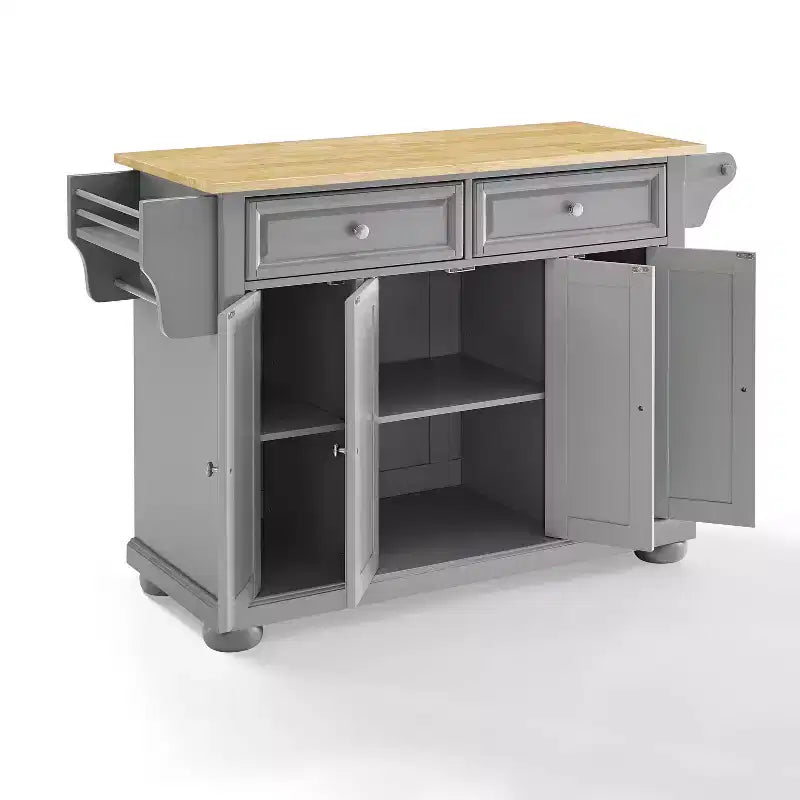 Isla de cocina con ruedas de 4 puertas Gris y Natural con encimera de madera