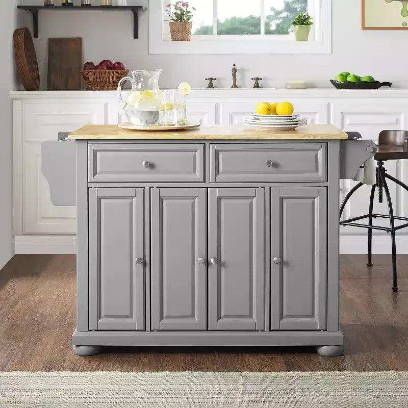 Isla de cocina con ruedas de 4 puertas Gris y Natural con encimera de madera