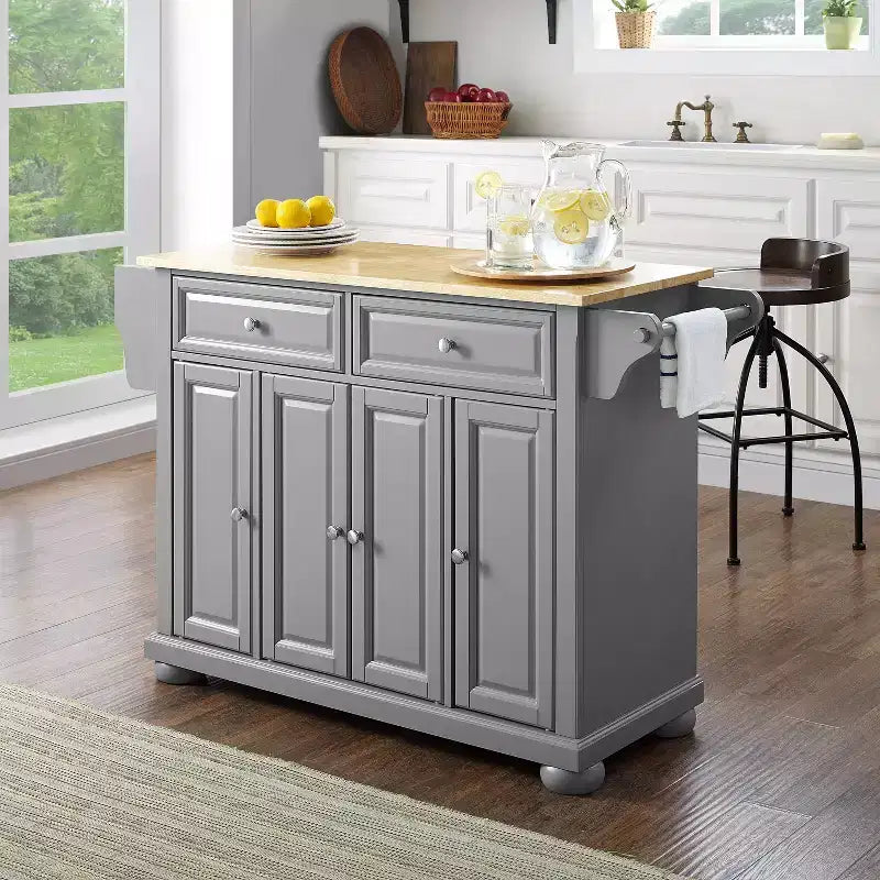 Isla de cocina con ruedas de 4 puertas Gris y Natural con encimera de madera
