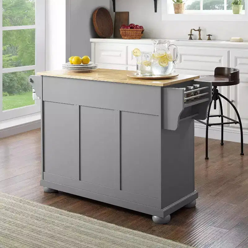 Isla de cocina con ruedas de 4 puertas Gris y Natural con encimera de madera