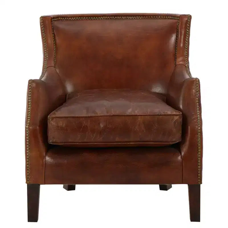 Sillón Club Tapizado en Cuero Marrón con Brazos – 1 Plaza