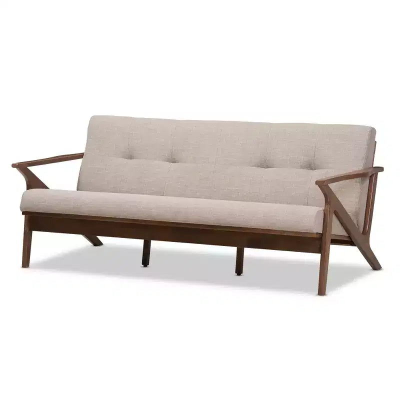 Bianca Mid-Modern Walnut Wood Fabric Tufted 3 Seater Sofa Light Gray - Baxton Studio: Durable Rubberwood Frame, Vintage Style