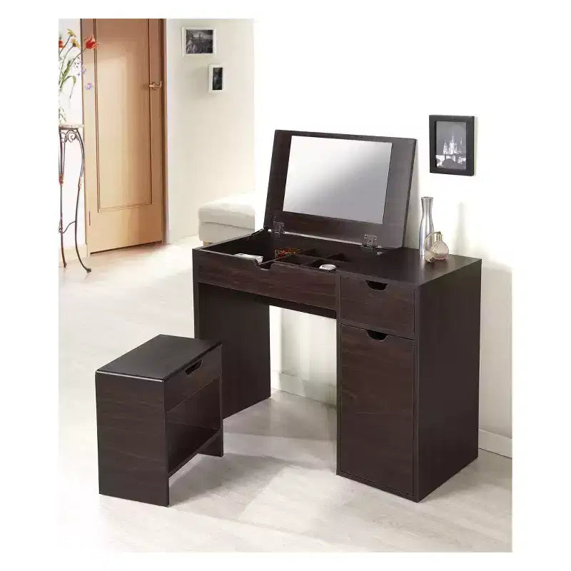 Tocador elevable de nogal oscuro con espejo y taburete, 1 persona
