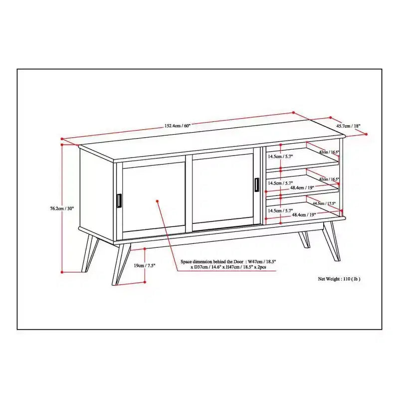 Mueble para TV con puerta corredera de teca marrón para televisores de hasta 66"