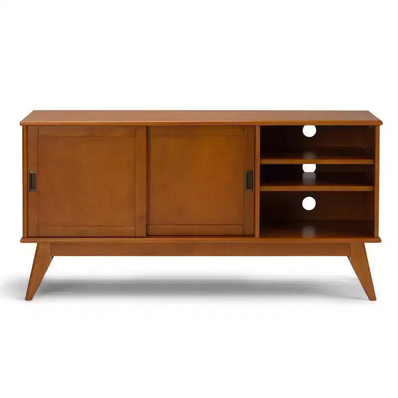 Mueble para TV con puerta corredera de teca marrón para televisores de hasta 66"