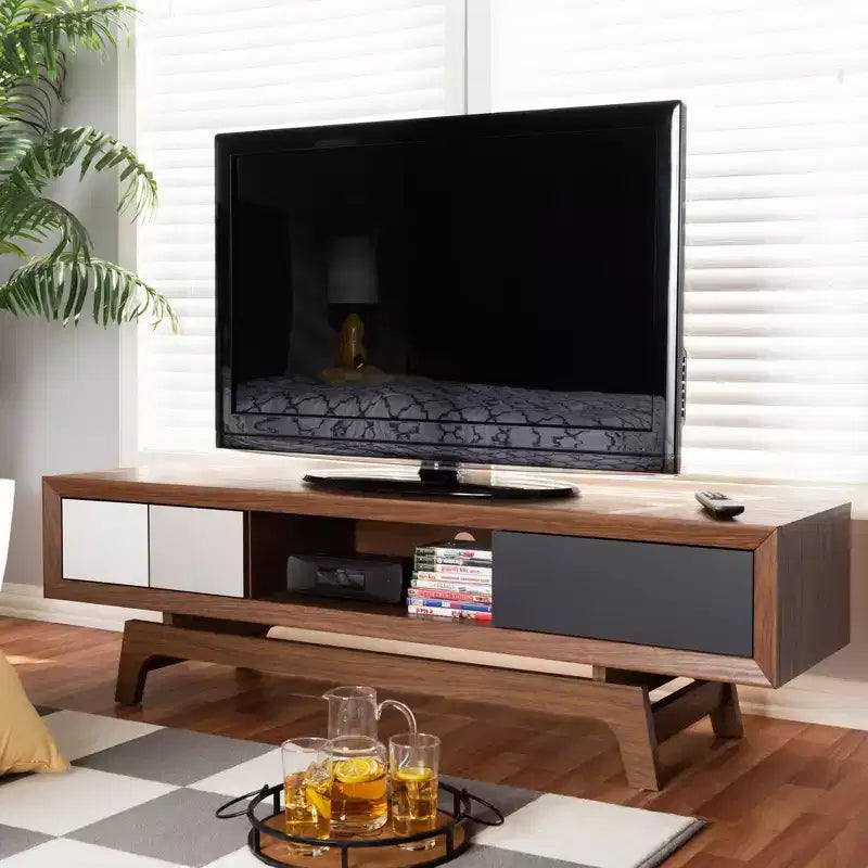 Mueble para TV de 3 cajones, estilo moderno de mediados de siglo, color nogal, para televisores de hasta 60 pulgadas
