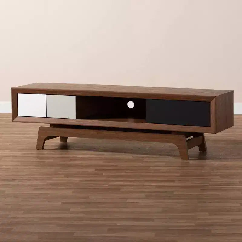 Mueble para TV de 3 cajones, estilo moderno de mediados de siglo, color nogal, para televisores de hasta 60 pulgadas