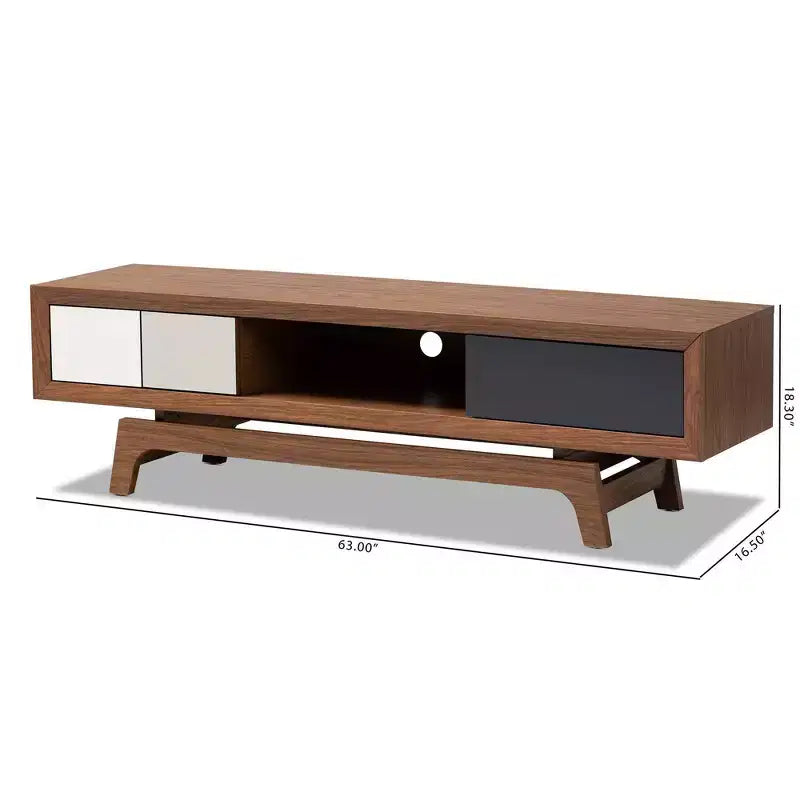 Mueble para TV de 3 cajones, estilo moderno de mediados de siglo, color nogal, para televisores de hasta 60 pulgadas