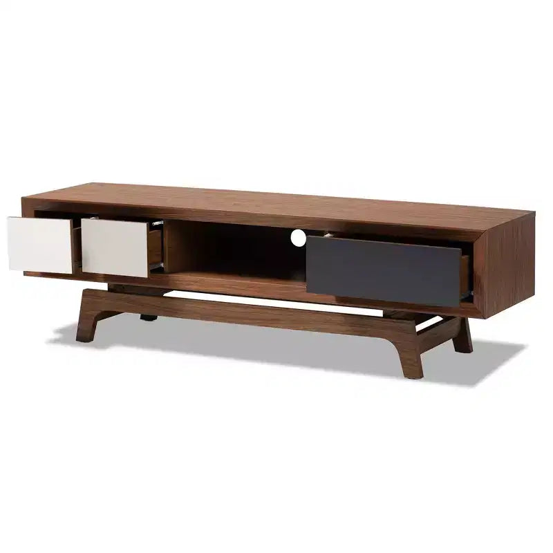 Mueble para TV de 3 cajones, estilo moderno de mediados de siglo, color nogal, para televisores de hasta 60 pulgadas