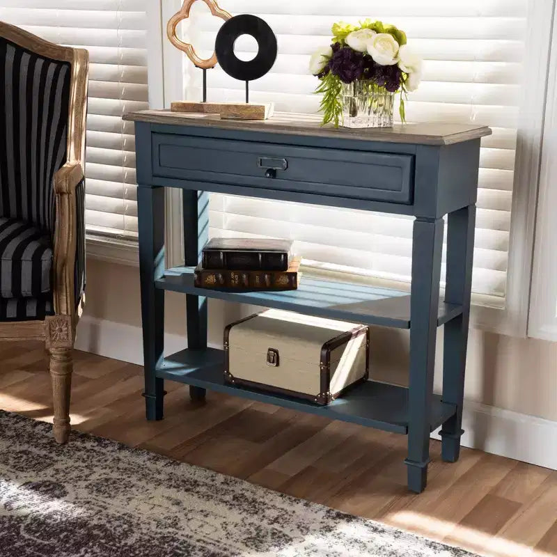 Mesa consola rectangular de madera azul y marrón – 1 persona