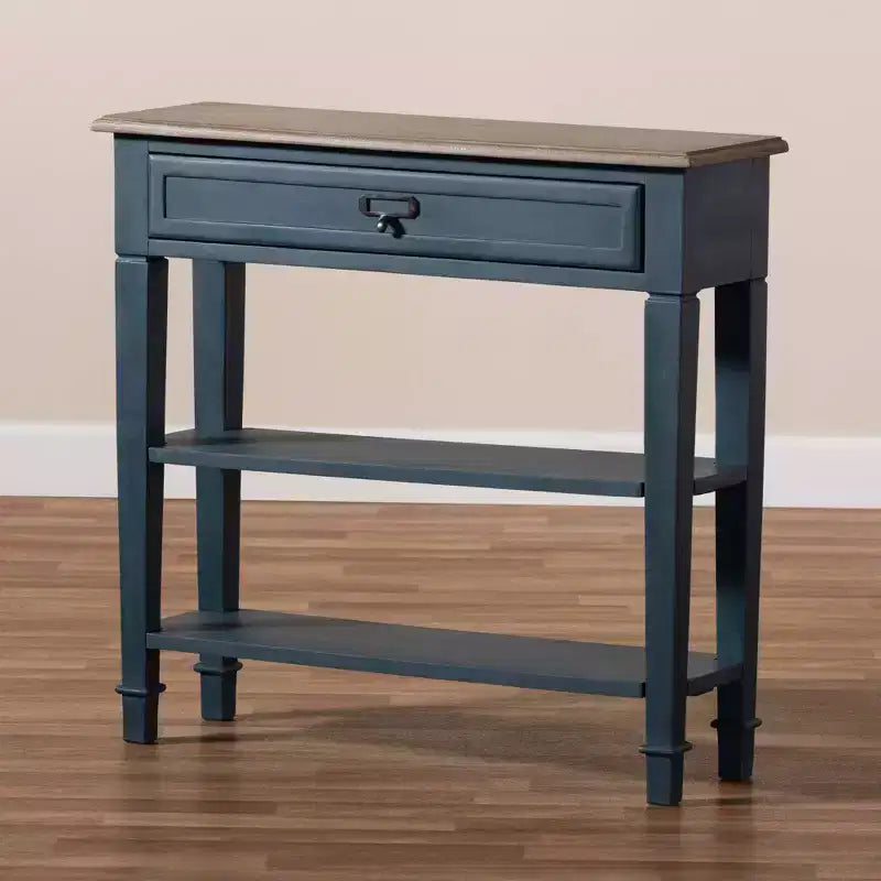 Mesa consola rectangular de madera azul y marrón – 1 persona