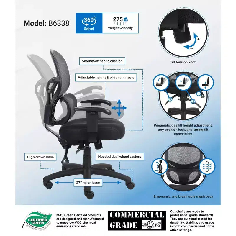 Silla de oficina giratoria con respaldo de malla negra – 1 asiento, brazos ajustables