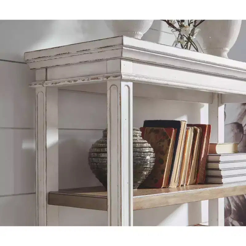 Librería de madera de dos tonos con aspecto envejecido, con cajón y 3 estantes abiertos