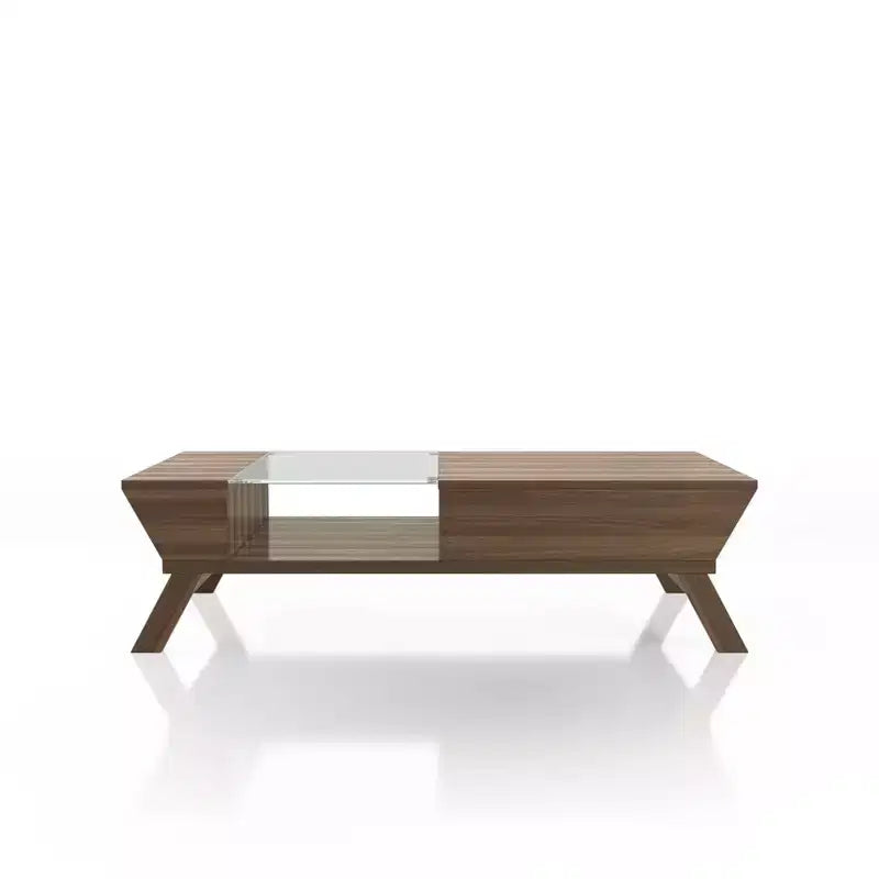 Mesa de centro rectangular marrón con superficie de cristal y estante de almacenamiento