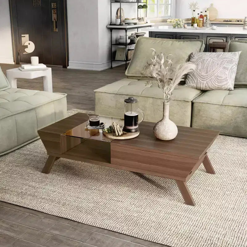 Mesa de centro rectangular marrón con superficie de cristal y estante de almacenamiento