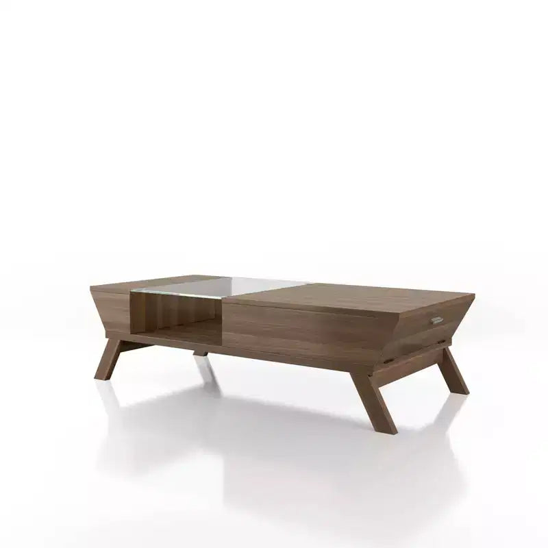 Mesa de centro rectangular marrón con superficie de cristal y estante de almacenamiento