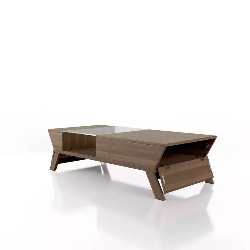 Mesa de centro rectangular marrón con superficie de cristal y estante de almacenamiento