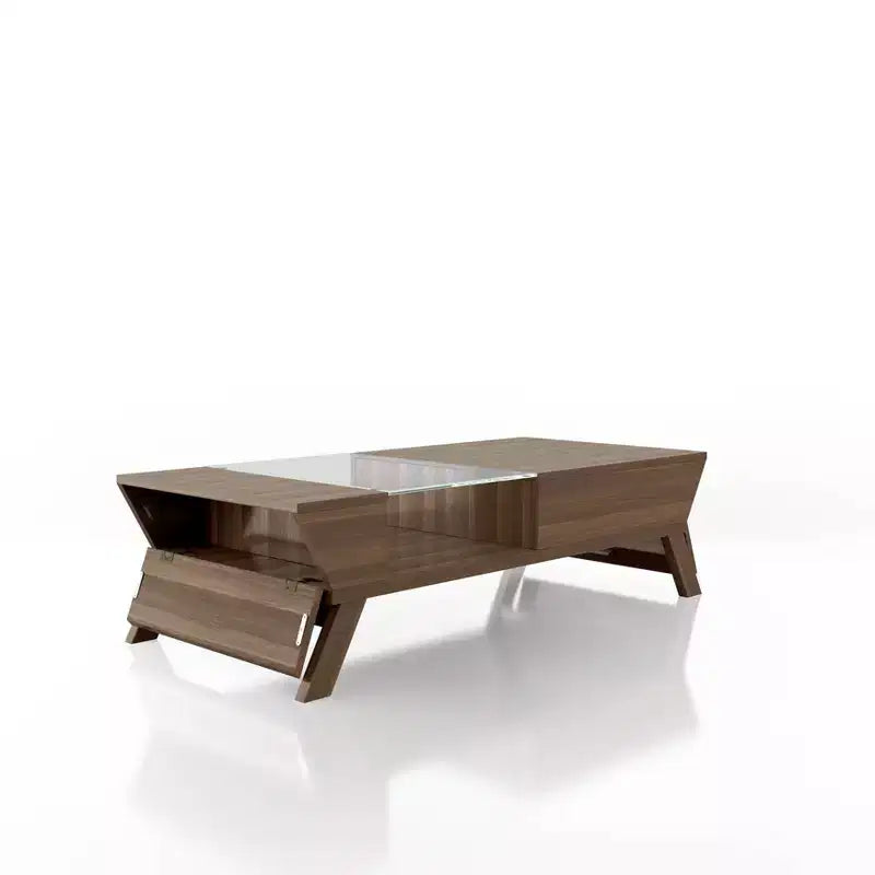 Mesa de centro rectangular marrón con superficie de cristal y estante de almacenamiento