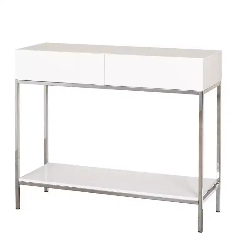 Buylateral Lewis Modern Sofa Table White: High Gloss Finish, Metal Frame, Entryway Storage
