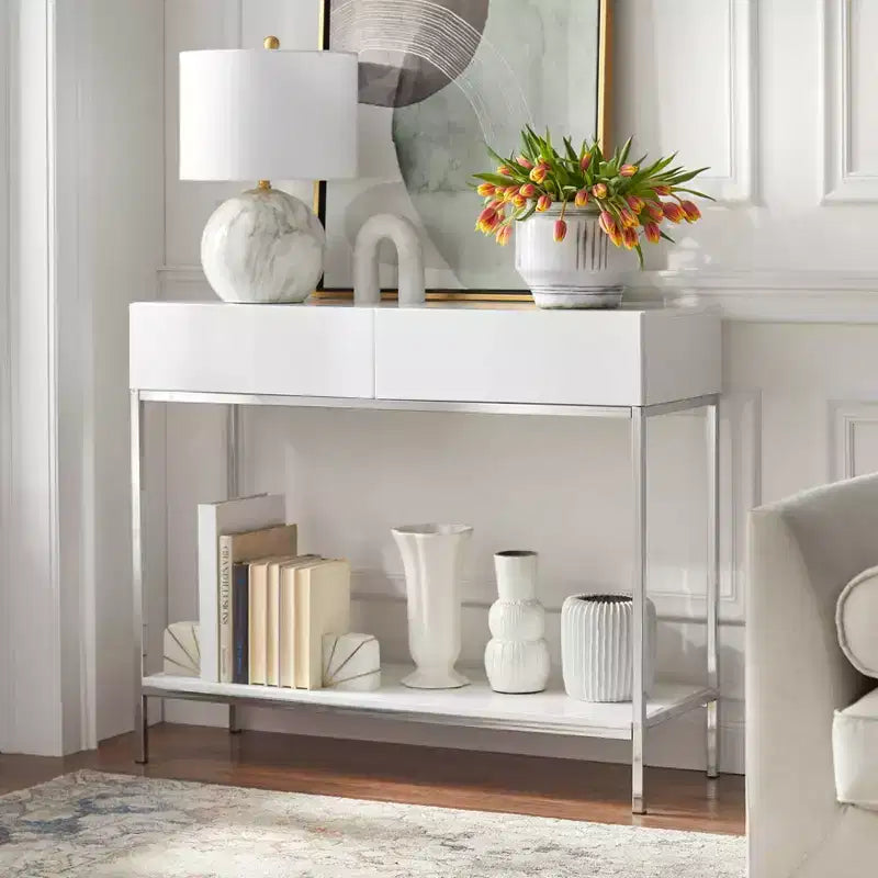 Mesa consola moderna blanca y plateada con cajones