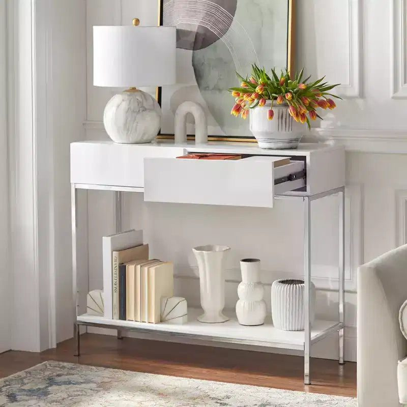 Mesa consola moderna blanca y plateada con cajones