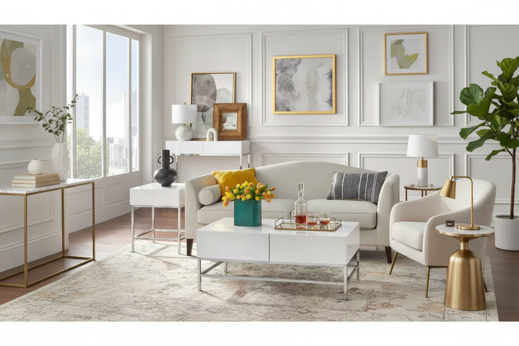 Mesa consola moderna blanca y plateada con cajones