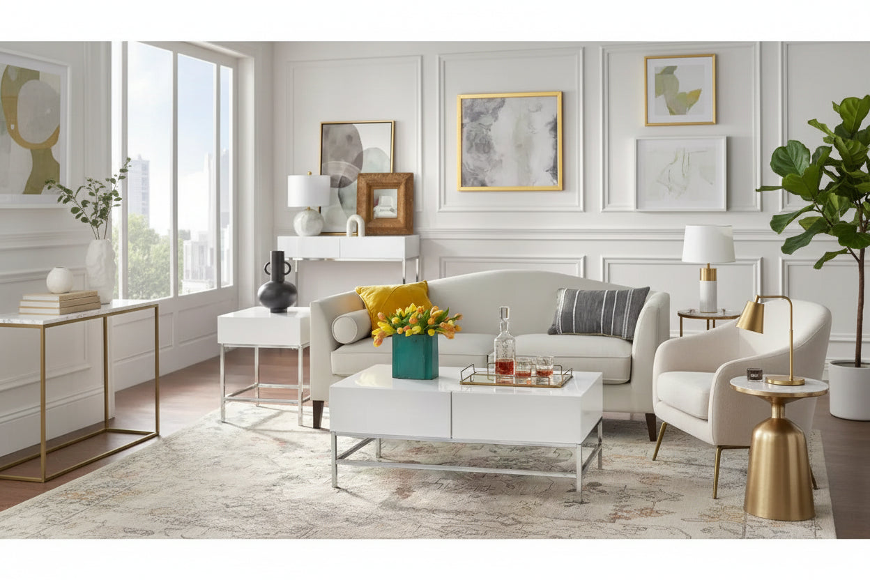 Mesa consola moderna blanca y plateada con cajones