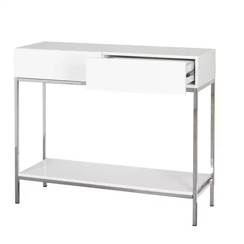 Mesa consola moderna blanca y plateada con cajones