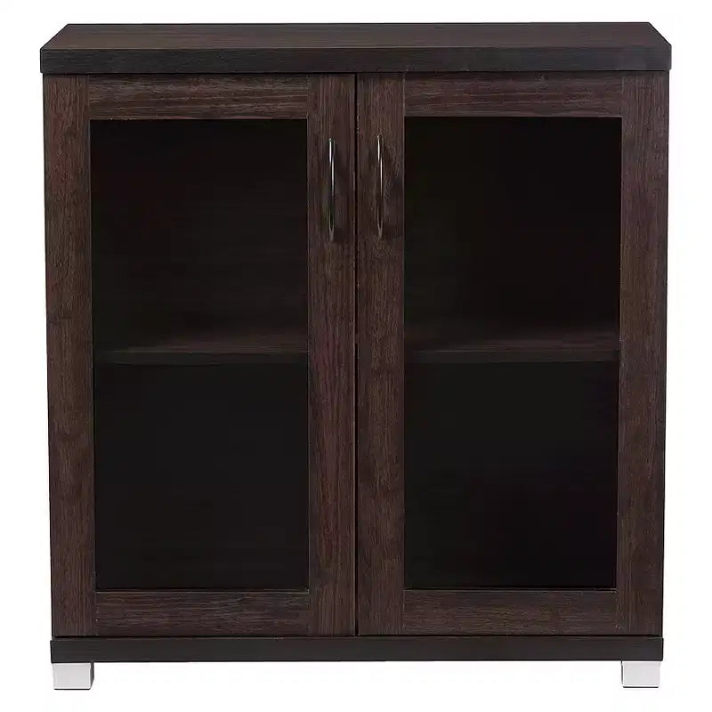 Vitrina de cristal de 2 puertas y 2 estantes, color marrón oscuro