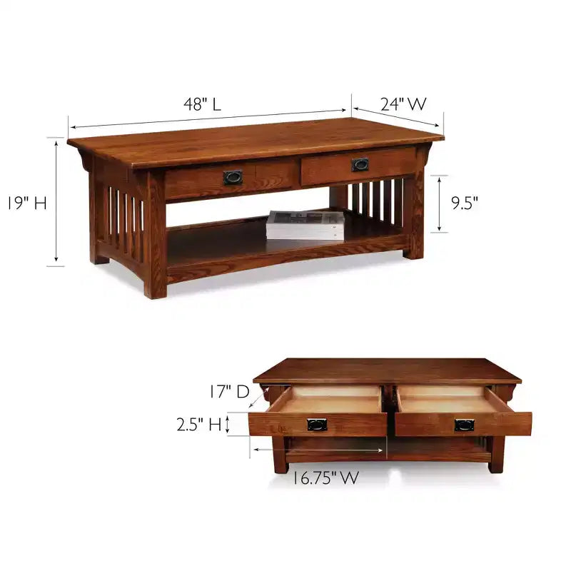Mesa de centro rectangular marrón con cajones y estante abierto – Para 4 personas
