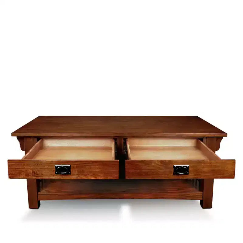 Mesa de centro rectangular marrón con cajones y estante abierto – Para 4 personas