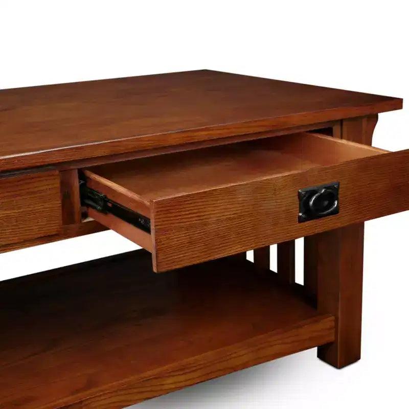 Mesa de centro rectangular marrón con cajones y estante abierto – Para 4 personas