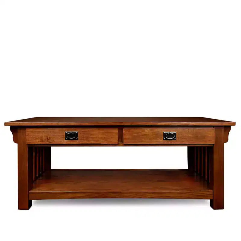 Mesa de centro rectangular marrón con cajones y estante abierto – Para 4 personas
