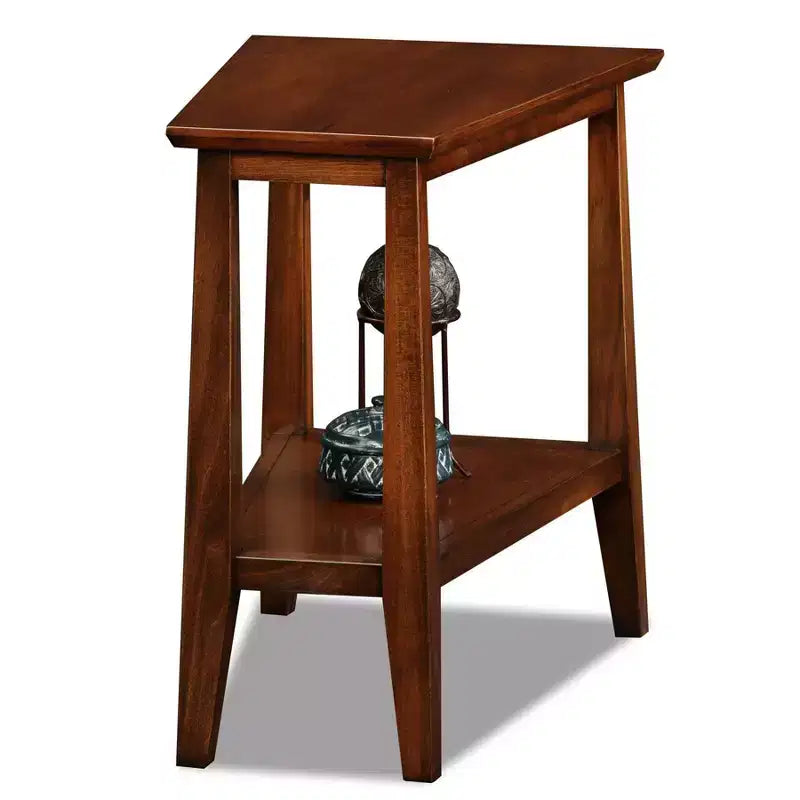 Delton Triangle Solid Wood End Table: Sienna Finish, Tapered Legs, Fixed Shelf - Leick Home