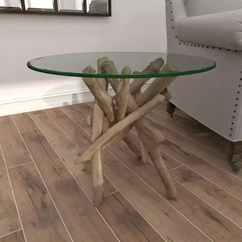 Mesa auxiliar redonda con tapa de cristal y base de madera flotante marrón para 1