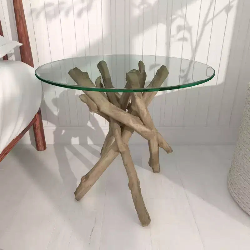 Mesa auxiliar redonda con tapa de cristal y base de madera flotante marrón para 1