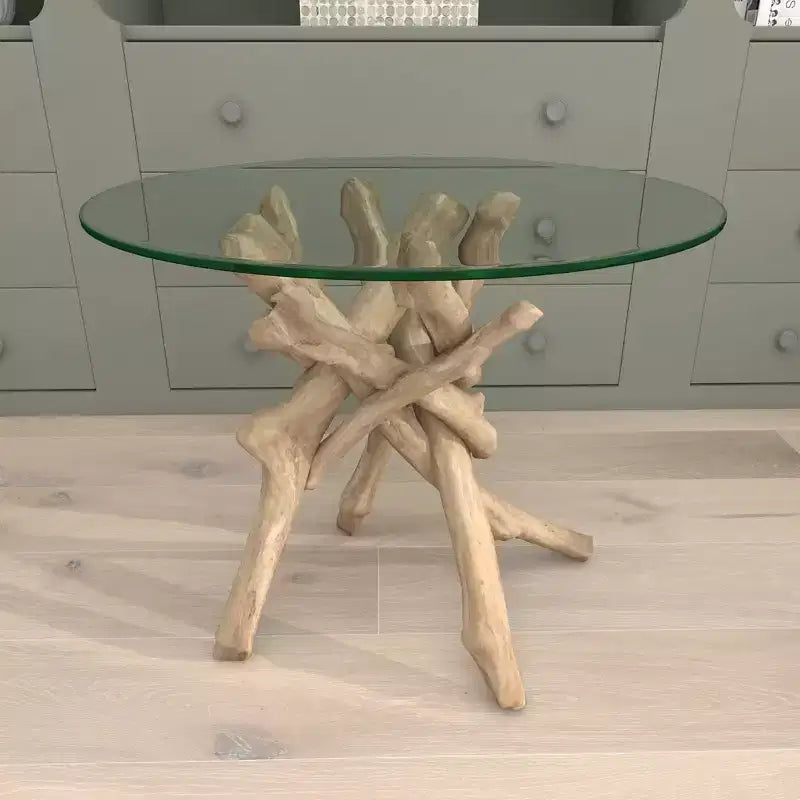 Mesa auxiliar redonda con tapa de cristal y base de madera flotante marrón para 1