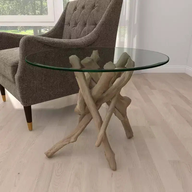 Mesa auxiliar redonda con tapa de cristal y base de madera flotante marrón para 1