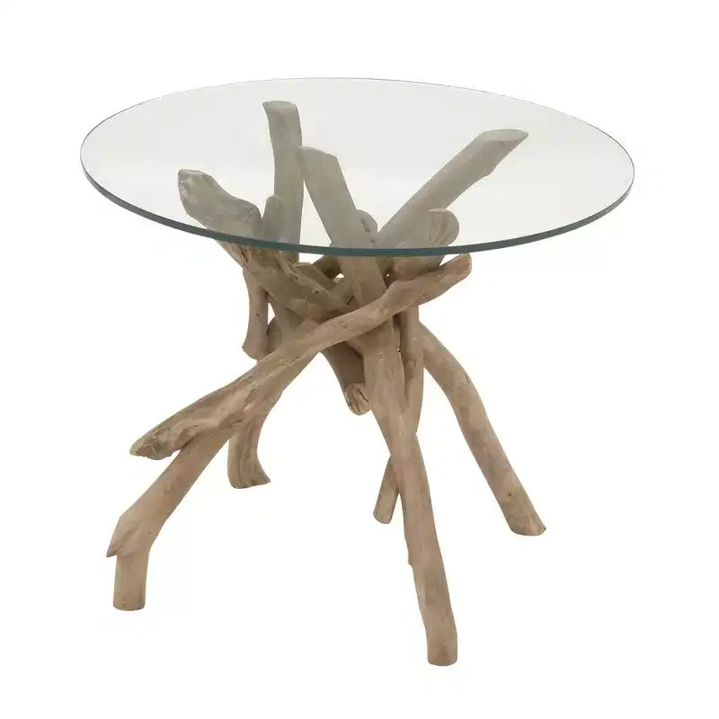 Mesa auxiliar redonda con tapa de cristal y base de madera flotante marrón para 1