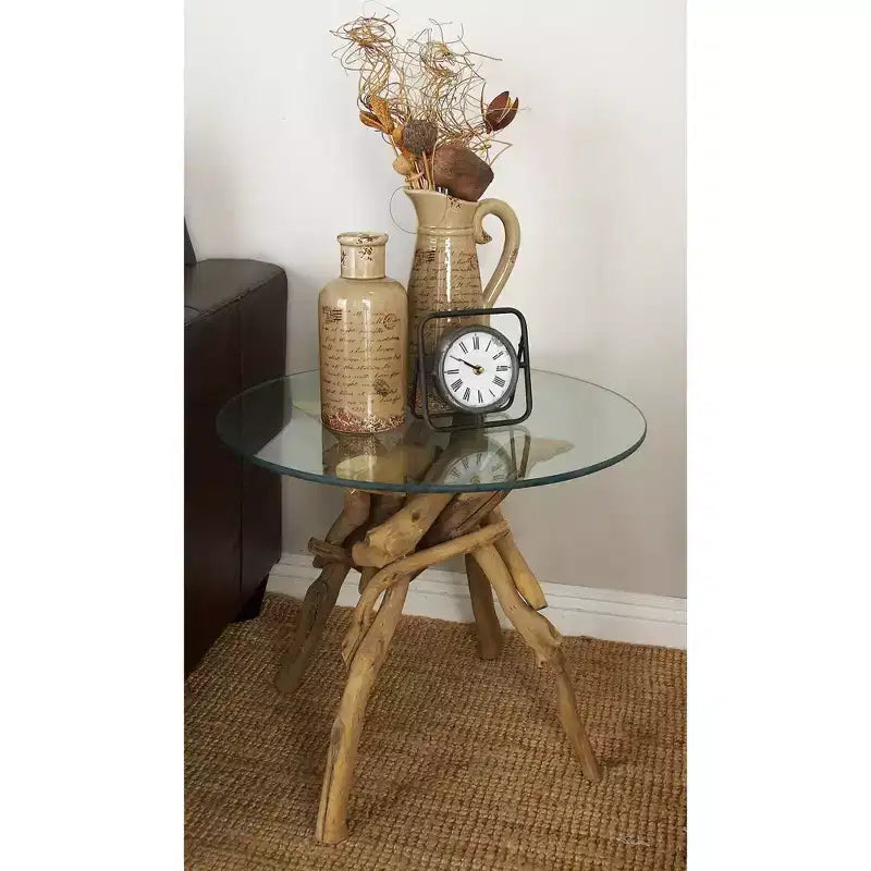 Mesa auxiliar redonda con tapa de cristal y base de madera flotante marrón para 1