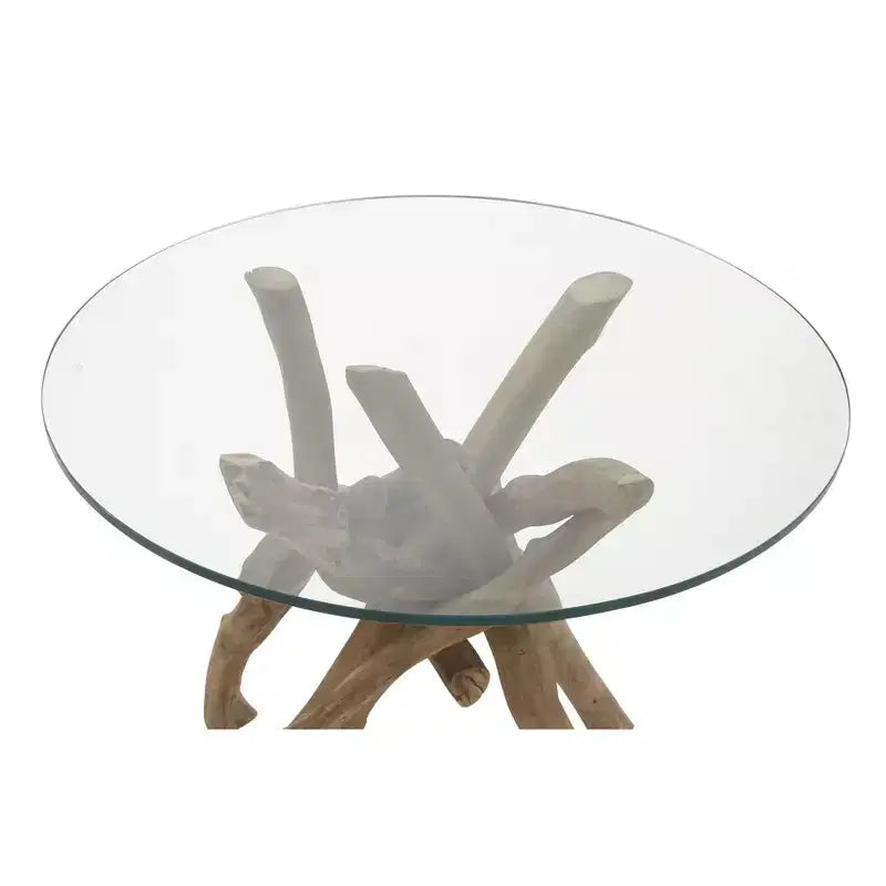 Mesa auxiliar redonda con tapa de cristal y base de madera flotante marrón para 1